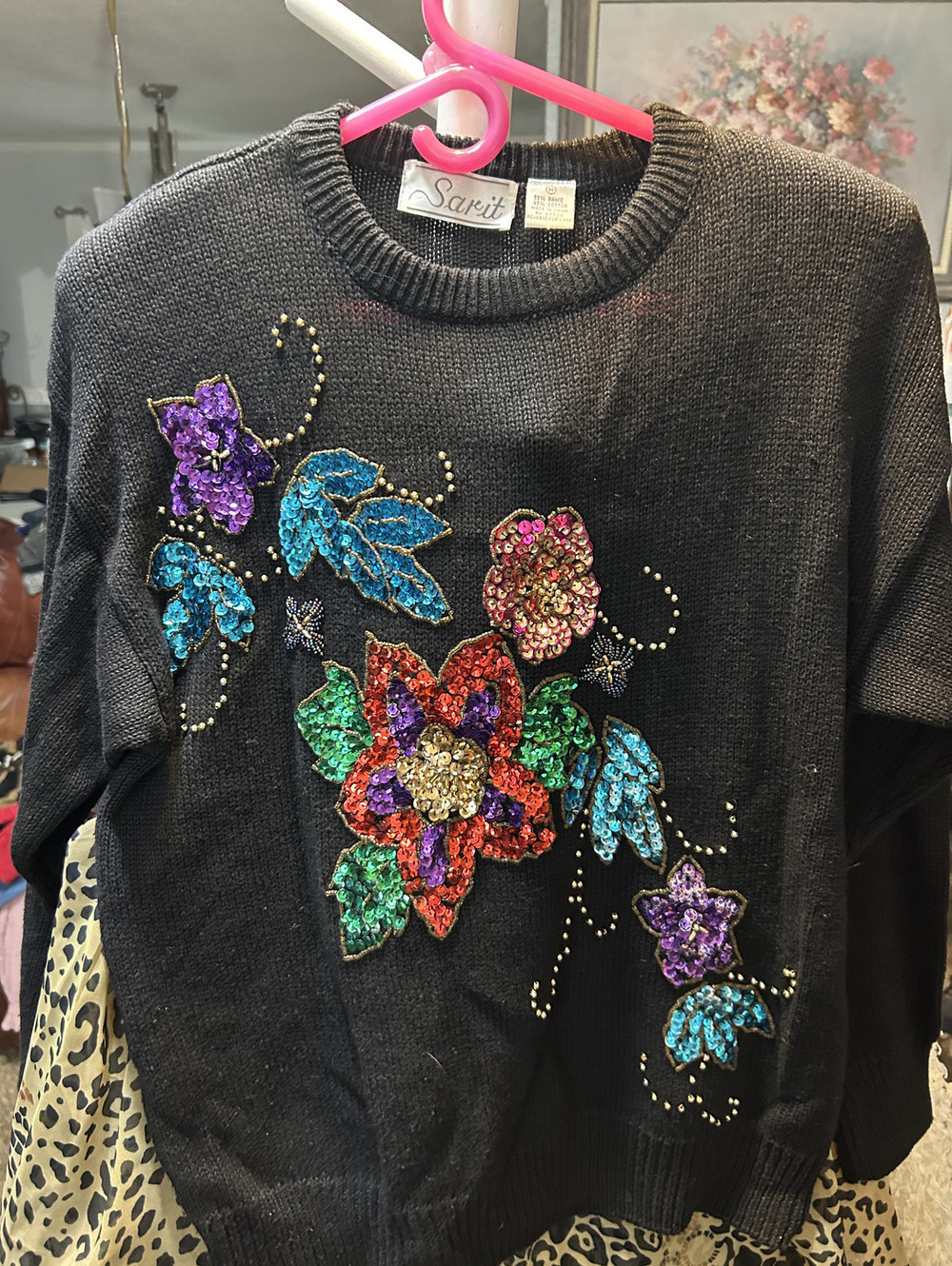 Sarit Medium Black Sweater with Colorful Sequin Floral Embroidery